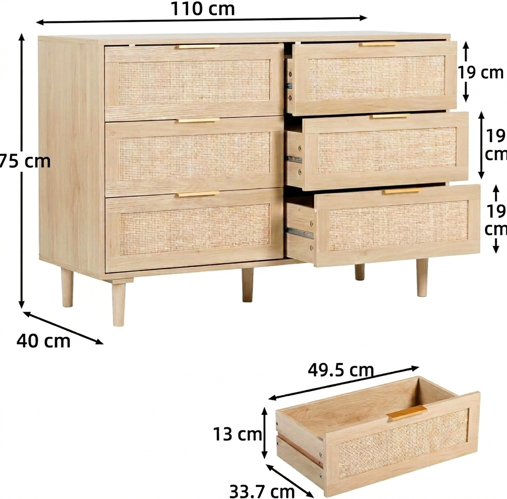 Kommode mit 6 Schubladen und Rattanverflechtung