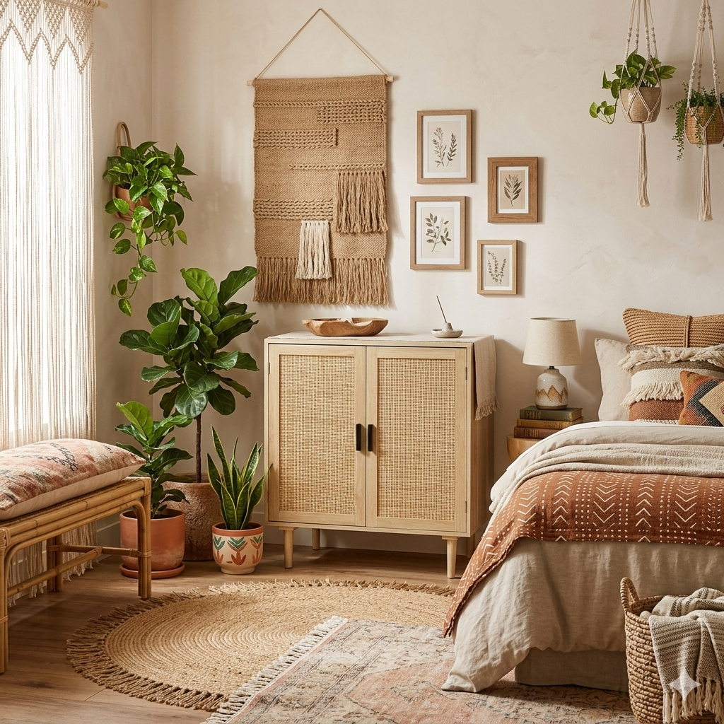 Boho-Schrank mit Rattanfronten