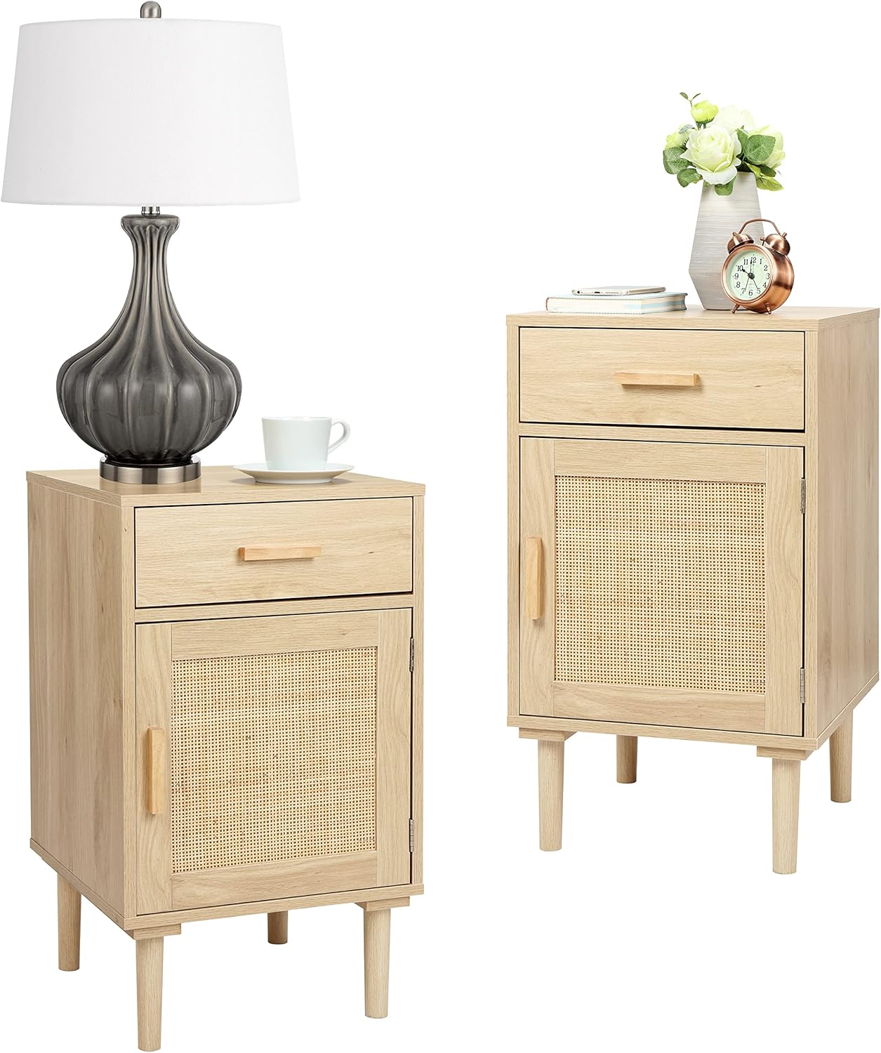 2er-Set stilvolle Nachttische mit handgeflochtenem Rattan